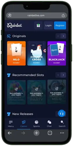 RainBet Live Mobile Casino Lobby