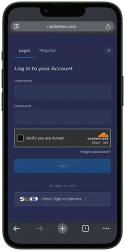 RainBet Live Mobile Login Page