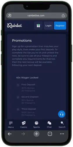 RainBet Live Mobile Promotions Page