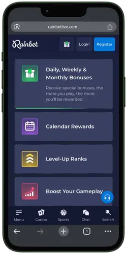 RainBet Live Mobile Rewards Page