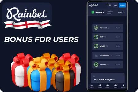 Rainbet user bonuses: gift boxes and rewards screen with rakeback, daily, weekly, and monthly claims.