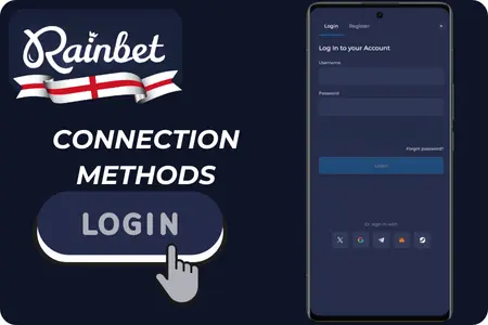 Rainbet login methods: app login screen with social media and email options
