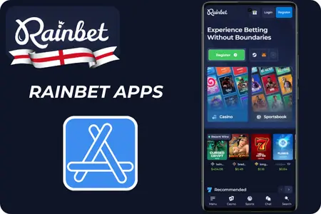 Rainbet logo with App Store icon and mobile app screenshots highlighting casino and sportsbook sections.