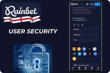 Rainbet user security: padlock icon and app footer showing supported cryptocurrencies and responsible gaming