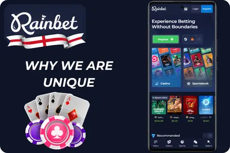 Rainbet unique features: poker chips, playing cards, and app interface showing games and promotions